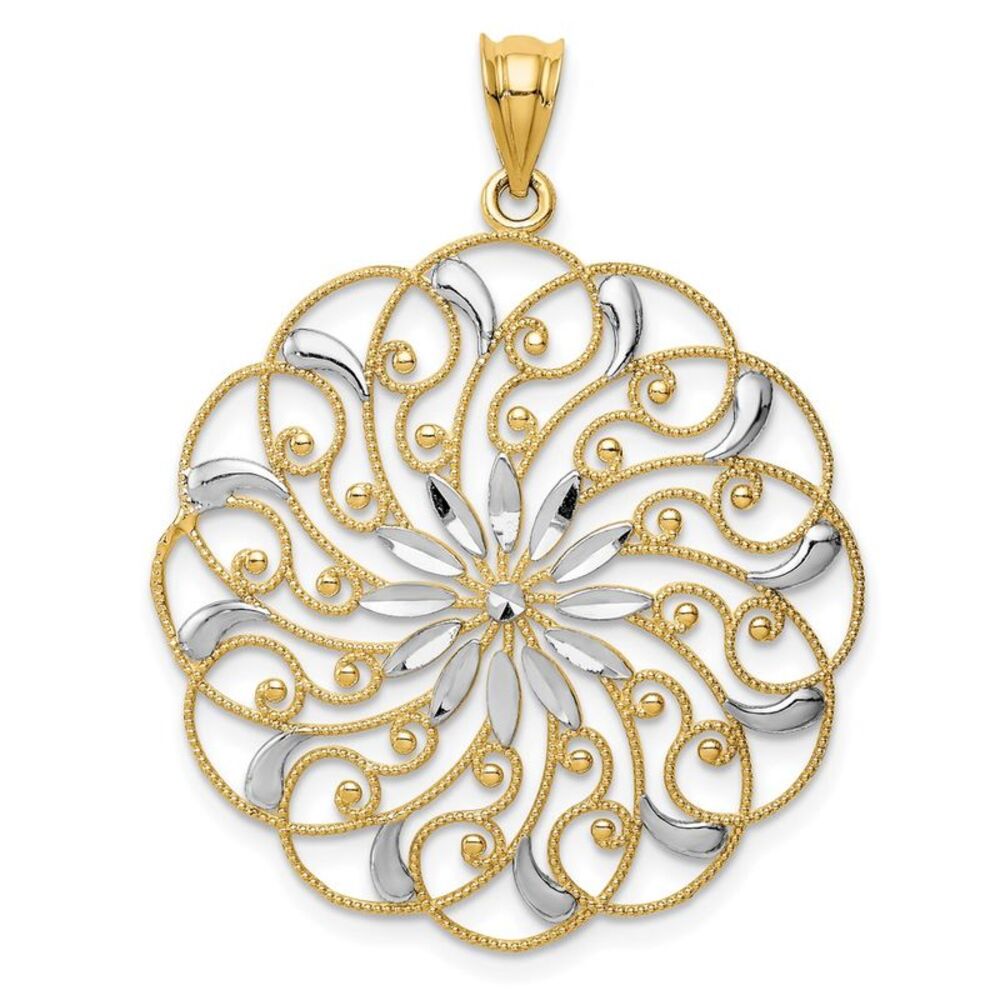 14k Yellow Gold & White Rhodium Diamond Cut Floral Swirl Pendant, 30mm